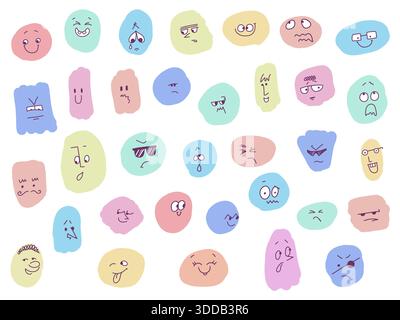Zeichentrickflächen Vektorsatz Illustration. Comic-Gesichtskarikaturen, Set süße Avatare in flachem Stil isoliert auf weiß Stock Vektor