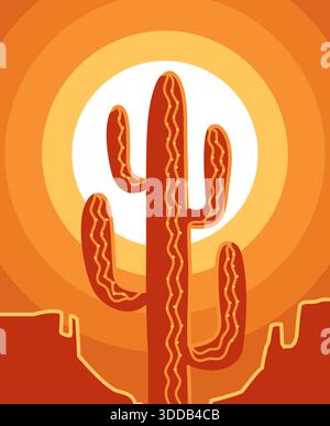 Poster der amerikanischen Wüste. Vektor Wüstenlandschaft Illustration mit Kakteen und gelbe Sonne. Arizona Wüstenlandschaft Stock Vektor