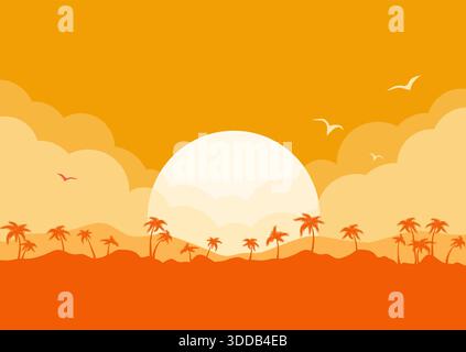 Tropisches Inselparadies im Hintergrund mit Palmen Silhouette und Himmelsillustration. Vektor-Seascape-Poster-Illustration Stock Vektor