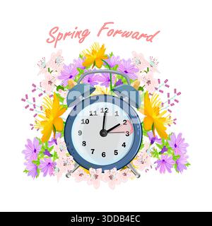 Wecker und Frühlingsblumen herum. Poster mit Uhr nach vorne springen. Start der Sommerzeit nach vorn. Sommerzeit. Frühlingszeit. Vektor Stock Vektor
