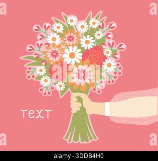 Vektorblumen in der Hand. Frau Hand mit Blumen Blumenstrauß Karte Hintergrund für Text oder Design. Stock Vektor