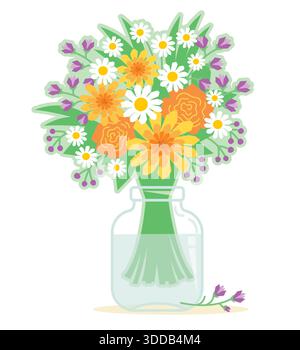 Blumenstrauß in einer abgelegenen Bank. Vektor schöne Wildblumen in Glasvase Illustration für Design Stock Vektor
