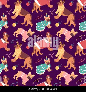 Nahtloses Vektormuster von fröhlichen Hunden in Weihnachtskostümen Weihnachtsmützen, Rentiergeweihe, Schals und festliche Pullover auf einem Feiertagshintergrund Stock Vektor
