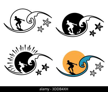 Set von Sonne und Wellen Symbol Logo Vektor Symbol Illustration Umriss Stil Design. Vektor-Meereslandschaft-Etikett, Abzeichen isoliert auf weiß Stock Vektor