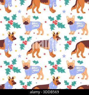 Nahtloses Hundemuster in weihnachtlichen Pullover und Tüchern, Stechpalme. Schäferhund und französische Bulldogge. Verspielte Pose, kräftige flache Farben, klare Vektorlinien Stock Vektor