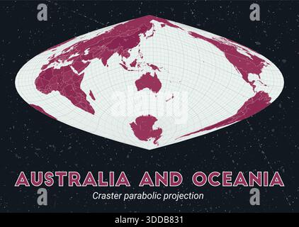 Australien und Ozeanien. Weltkarte. Craster-Parabolprojektion mit Schwerpunkt auf Australien und Ozeanien. Palette Pale Mint Dark Pink. Vintage-Textur. Stock Vektor