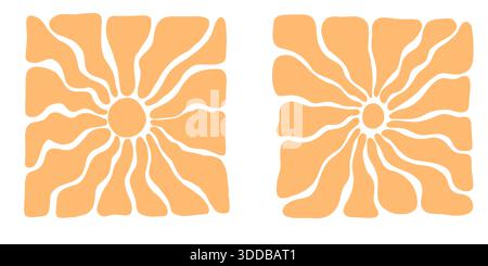 Retro-grooviger Sonnenschein-Hintergrund mit abstrakten Sonnenstrahlen und welligen Linien. Funkiges Boho-Muster der 70er Jahre in Gelbtönen, Vintage-psychedelische Sonnenlicht Stock Vektor