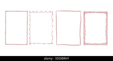 Ein Satz handgezeichneter, skurriler Vektorrahmen. Eine Kollektion von linearen roten Vintage-Rahmen. Rechteckige Rahmen. Monochrome Vektordarstellung Stock Vektor