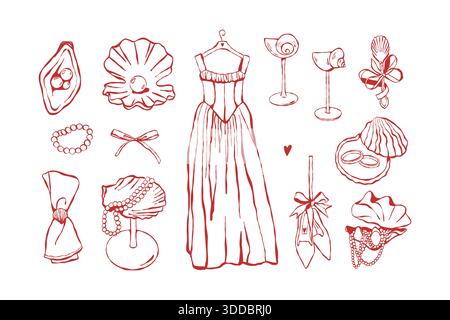 Ein Set Vintage-Hochzeitsaccessoires in rotem Design. Schleifen, Muscheln, Perlen, ein Hochzeitskleid und Ringe. Lineare Vektordarstellung. Clipgrafik skizzieren Stock Vektor
