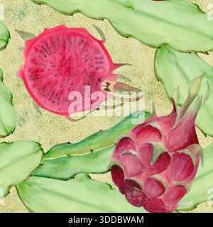 Drachenfrucht, Kaktusstiele nahtloses Aquarellmuster auf strukturiertem grünem Hintergrund. Tropische ClipArt perfekt für Stoff, Verpackung und Sommerdesign Stockfoto