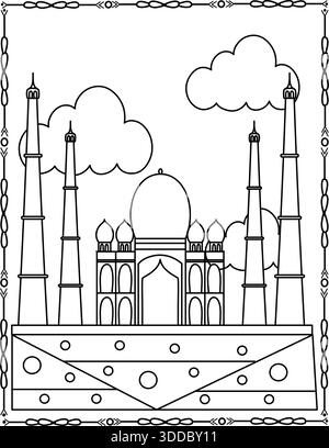 Islamische Moschee Linie Art Illustration mit Halbmond Mond und Minarett. Mosché Malseite Für Kinder Und Erwachsene. Stock Vektor