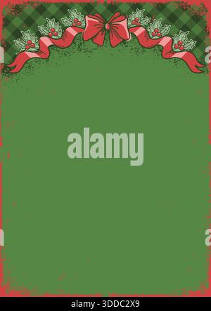 Vintage-Weihnachtskarte mit roter Weihnachtsschleife und holly-Beeren-Dekor auf grünem, altem Papiertexturhintergrund. Mit rustikalem Rot und Grün Backgr Stock Vektor