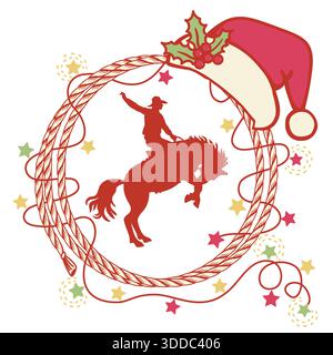 Cowboy Howdy Weihnachtssymbol Vektor Illustration mit Cowboy reiten wildes Pferd und Lasso Weihnachtsbeleuchtung Dekoration isoliert auf weißem Hintergrund. Co Stock Vektor