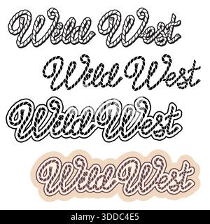 Cowboy-westliche Text-Vektor-Illustration isoliert auf weißem Hintergrund. Westlicher Lasso-Rodeo-Schriftzug. Vektor-Wildwest-druckbares schwarzes Grafiksym Stock Vektor