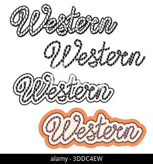 Cowboy-westliche Text-Vektor-Illustration isoliert auf weißem Hintergrund. Westlicher Lasso-Rodeo-Schriftzug. Vektor-Wildwest-druckbares schwarzes Grafiksym Stock Vektor