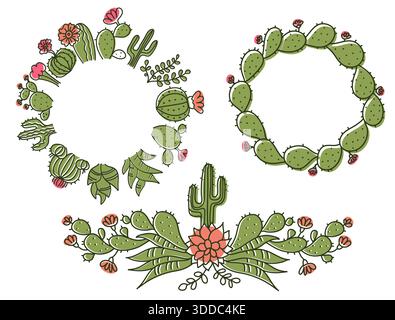 Bilderrahmen Mit Kakteen-Blumenmuster. Handgezeichneter Umriss Kakteen mit Blumen. Vektor-Farbsatz Kakteen, Aloe und Sukkulent Sammlung von exotischen Pflanzen Hand gezeichnet bla Stock Vektor