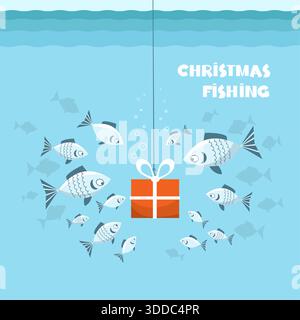 Weihnachtsfischen Vektor-Illustration. Vektor Winter Angeln Symbol Hand gezeichnete Illustration mit Feiertagstext Stock Vektor