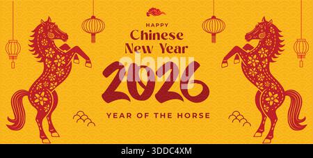 Grußkarten zum chinesischen Neujahr 2026 mit Pferdeillustration, Windlichtern, floralen und geometrischen dekorativen Elementen. Grafische Vektorvorlagen für Feiertage Stock Vektor