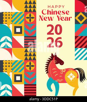 Chinesisches Neujahr 2026, Jahr des Pferdes Poster, Cover, Grußkarten-Vorlagen im modernen geometrischen Stil. Chinesische Übersetzung: Segen Stock Vektor