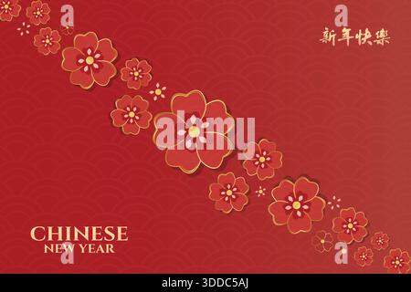 2026. Leuchtend rote Illustration des chinesischen Neujahrs 2026 mit einem dynamischen feurigen Pferd, auffälliger Typografie und chinesischen Schriftzeichen für das Jahr der Hors Stock Vektor