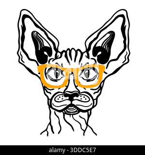 katzensphynx in Gläsern. Vektordruckbares Katzentier mit goldener Sonnenbrille isoliert auf weiß Stock Vektor