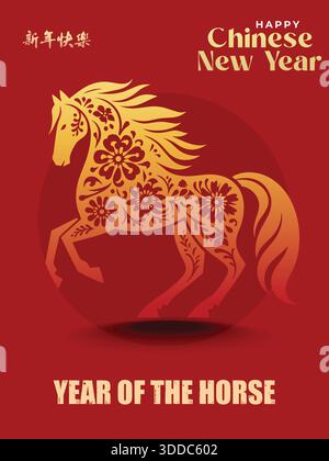 Frohes chinesisches Neujahr, Jahr des Pferdes! Lunar Neujahrskarte Vorlage. Chinesischer Text bedeutet „Chinesisches Neujahr“. Stock Vektor