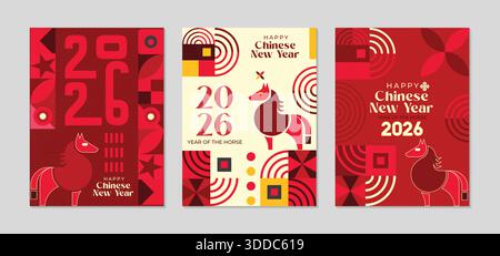 Großer Satz von 2026 geometrischen chinesischen Neujahrsvorlagen. 2026 Jahre des Pferdes. lunar Silvester. Sammlung von 2026 Happy New Year. Vektorillustra Stock Vektor