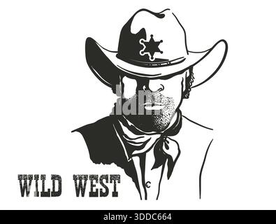 Porträt des Sheriff-Mannes mit Cowboyhut und Sheriff-Star. Vektor Western Hand gezeichnete Illustration isoliert auf weiß mit Wild West Text Stock Vektor