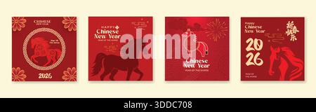 Chinesisches Neujahrsdesign 2026 für Post, Cover, Karte, Poster und Banner in sozialen Medien. Set von Grußkarten für das chinesische Neujahr 2026 in Rot und Gold Stock Vektor