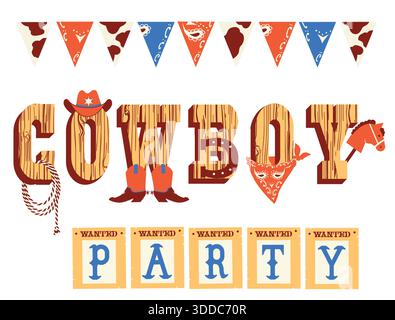 Cowboy-Text mit westlicher Dekoration und Wild-West-Elementen isoliert auf weiß Stock Vektor