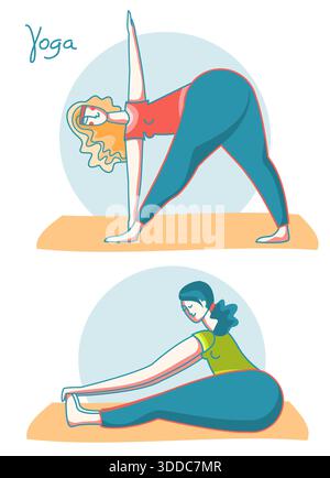 Yoga-Zeit. Frau übt Yoga auf Sportmatten .Vector Illustration gesunder Lebensstil isoliert auf weiß Stock Vektor