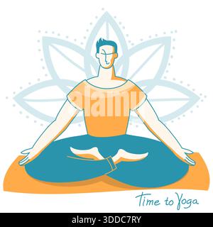 Yoga-Zeit. Junger Mann in Lotusposition, der Yoga-Meditation auf einer Sportmatte übt. Stock Vektor