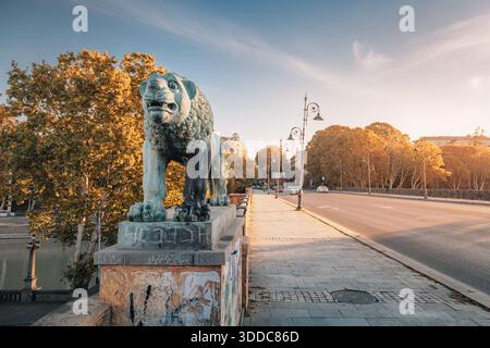 31. Oktober 2025, Tiflis, Georgien: Löwenstatue auf einer Brücke mit Blick auf die Straße und den Fluss der Stadt Stockfoto