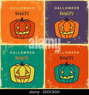 Halloween Party Vintage Karten mit Kürbissen auf alter Retro Illustration mit Text Stock Vektor