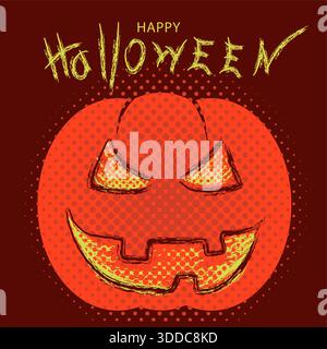 Happy Halloween Illustration von Kürbis mit gruseligen Gesicht und Text Stock Vektor