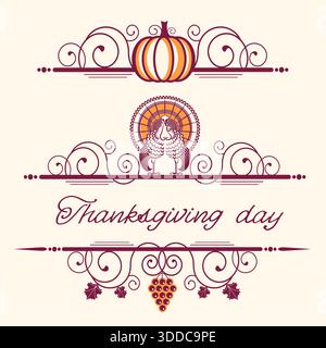 Happy Thanksgiving dekorative Vignetten und weihnachtliche Dekor für Design isoliert Stock Vektor