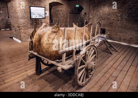 31. Oktober 2025, Tiflis, Georgien: Historischer Holzwagen mit großen Wineskin- und Widderhörnern in einem Museum Stockfoto