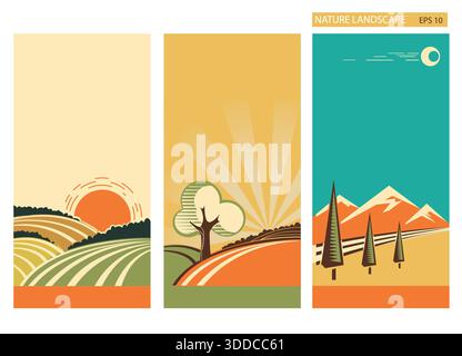 Naturlandschaft mit Sonne, Feldern und Bäumen Vektor abstrakte Farbe Illustration. Vektorfarben-Poster der Naturlandschaft Stock Vektor