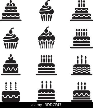 Geburtstagskuchen und Cupcake Dessert Icon Set Silhouette Vektor für Bäckerei Designs Stock Vektor