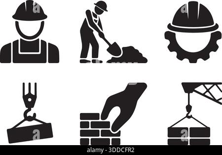Konstruktion Icons Silhouette Set Arbeiter, Schutzhelm, Kran, Ziegel, Getriebe Vektor Illustration Stock Vektor