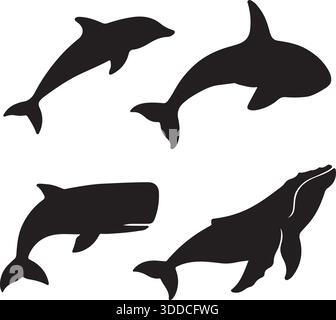 Whale Silhouetten Set Schwarz-weiß-Vektor-Illustration Stock Vektor