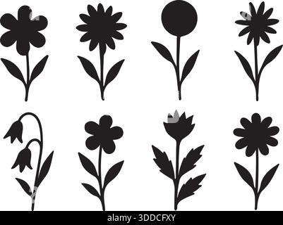 Blumensilhouette Vektor-Set Acht Einzigartige Blumendesigns Stock Vektor