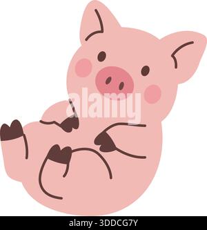 Niedliches Ferkel, das auf dem Rücken liegt und lächelt. Entzückende rosafarbene Vektor-Illustration für Kinder, Bauernhoftiere, Kinderzimmer Kunst und verspielte Designs Stock Vektor