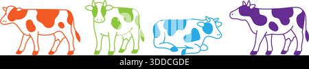 Set von bunten Kühen in verschiedenen Posen, flache Vektor-Bauernhof-Tier-Illustration Stock Vektor
