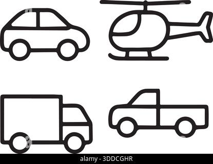 Illustration eines Simple Line Drawing Fahrzeug Set Auto, Hubschrauber, Pickup Truck und Box Truck Stock Vektor
