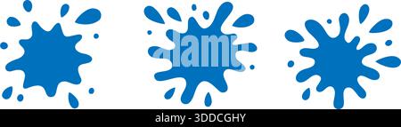 Set mit blauen Wasserspritzsymbolen. Flache Cartoon-flüssige Formen isoliert auf weißem Hintergrund. Perfekt für abstrakte Dekoration, Design und kreative Projekte Stock Vektor