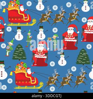 Weihnachtsmann mit Rentier und präsentiert nahtloses Muster von Elfen und Schneemännern; Clip-Art mit durchgehendem Muster mit Weihnachtsfiguren: Weihnachtsmann, Stock Vektor