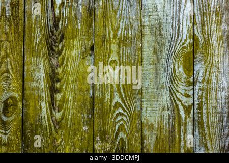 Eine Nahaufnahme einer verwitterten Holzwand oder eines Zauns mit abblätternder grüner Farbe, die eine rustikale, Vintage-Textur und natürliche Holzmaserung zeigt. Moosig strukturiert mit Stockfoto