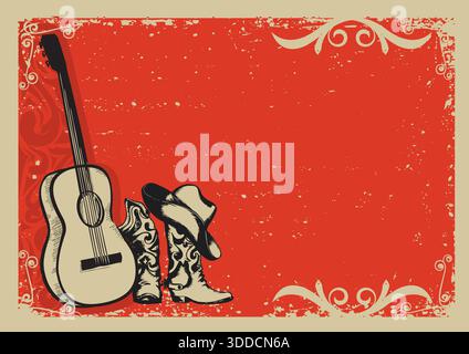 Westliche Country-Musik-Poster mit Cowboyschuhen und Musik-Gitarrenhintergrund für Text Stock Vektor