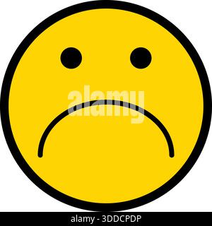 Gelbes kreisförmiges Gesicht mit schwarzer Umrandung, das einen mürrischen und traurigen Ausdruck mit herabhängenden Augen zeigt. Stock Vektor